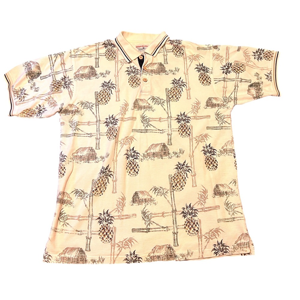 Boca Classics Polo Shirt Mens Large Cream Excellent Pineapple Tiki Waffle Knit